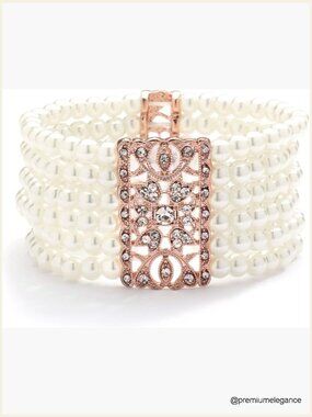 Ivory Pearl Crystal Stretch Cuff Bracelet 6-7", Vintage Wedding